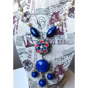 Vintage Assemblage Nautical Blue and Red Long Flower Rhinestone Necklace